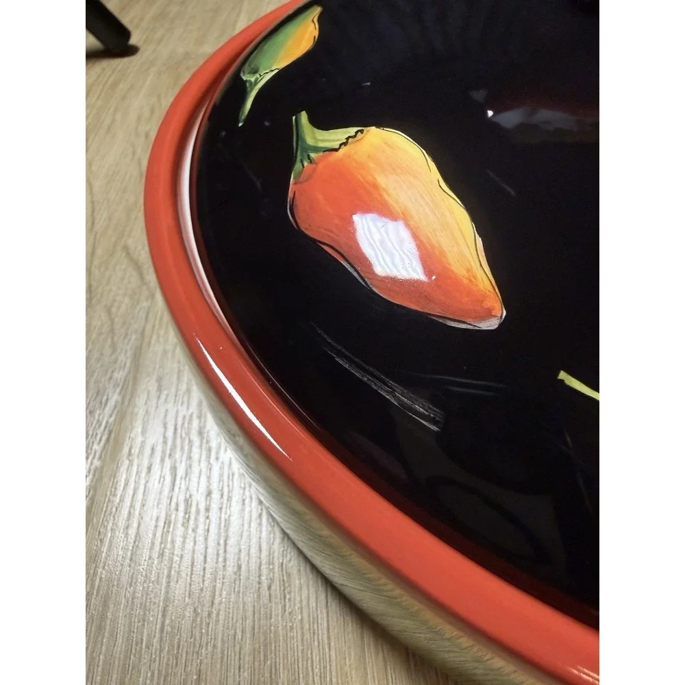 Clay Art Fiesta Yellow Green Red Peppers Black Lidded Covered Tortilla Warmer - Picture 5 of 10